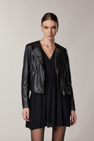 Black Patrizia Pepe Leather Biker Jacket With Top-stitching | OVG579482