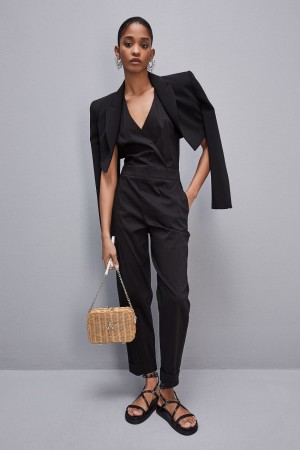 Black Patrizia Pepe Long Jumpsuit In Stretch Cotton-blend Poplin | DUN139254