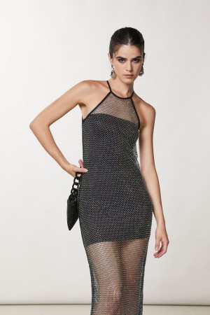 Black Patrizia Pepe Sleeveless Rhinestone Mesh Dress | UEM614385