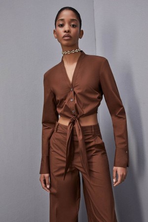 Brown Patrizia Pepe V-neck Shirt With Knot | JGS849702