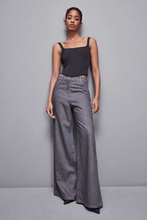 Grey Patrizia Pepe Gray Wide Leg Low-waisted Jeans With Rhinestones | ZET938417