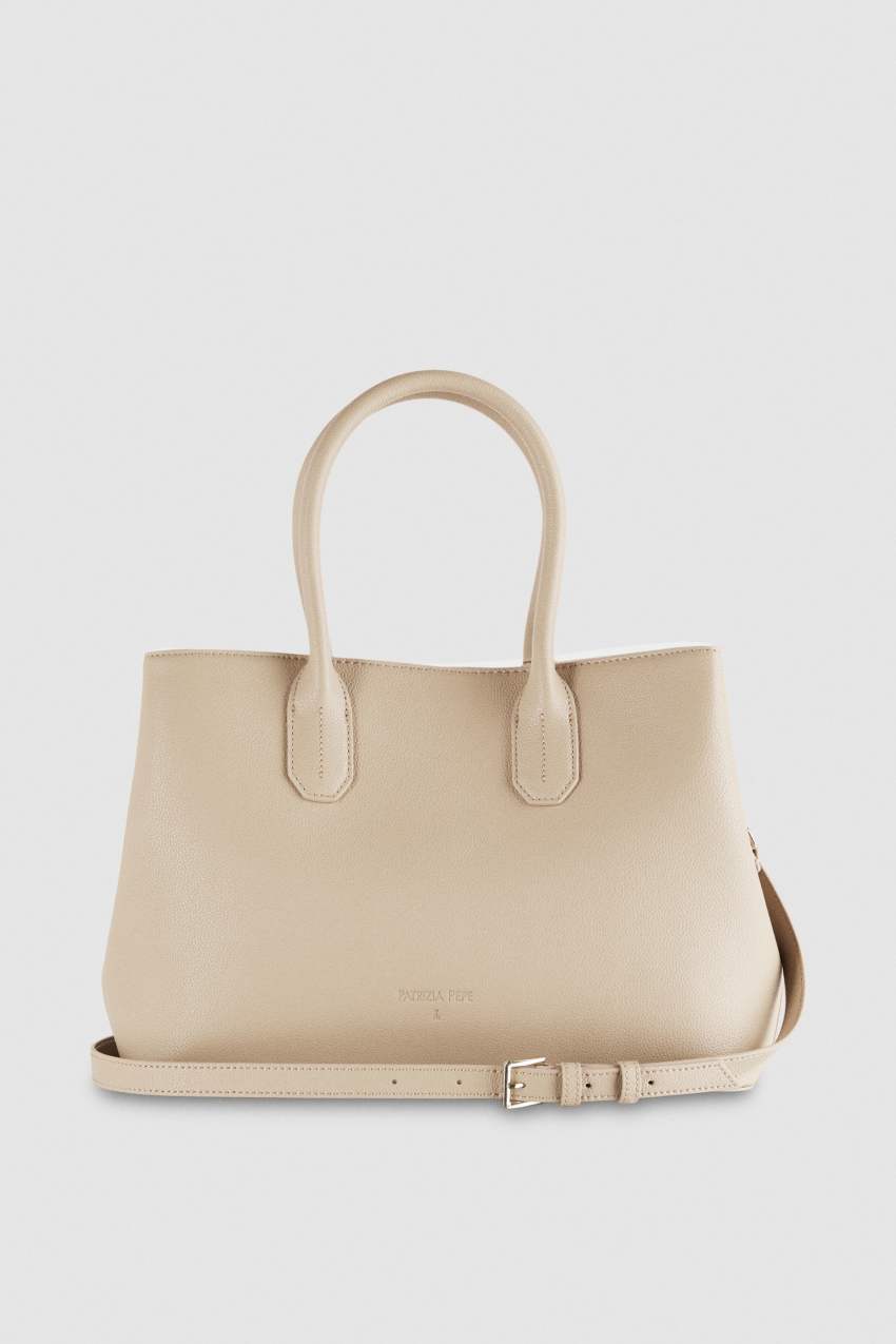 Beige Patrizia Pepe Fly Leather Shopping Bag With Shoulder Strap | LYJ406815