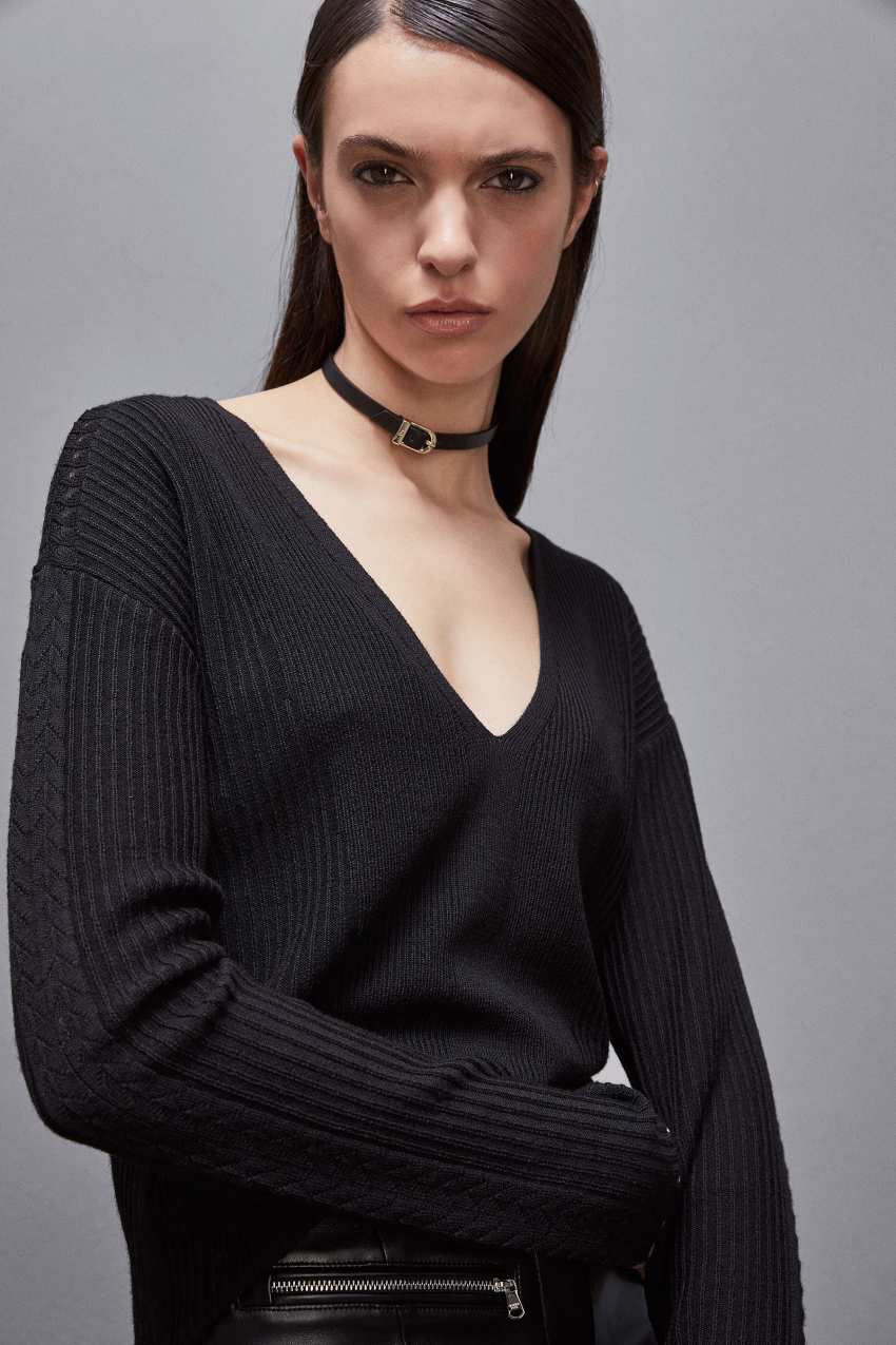 Black Patrizia Pepe Essential Wool Ribbed Sweater | RFT864097