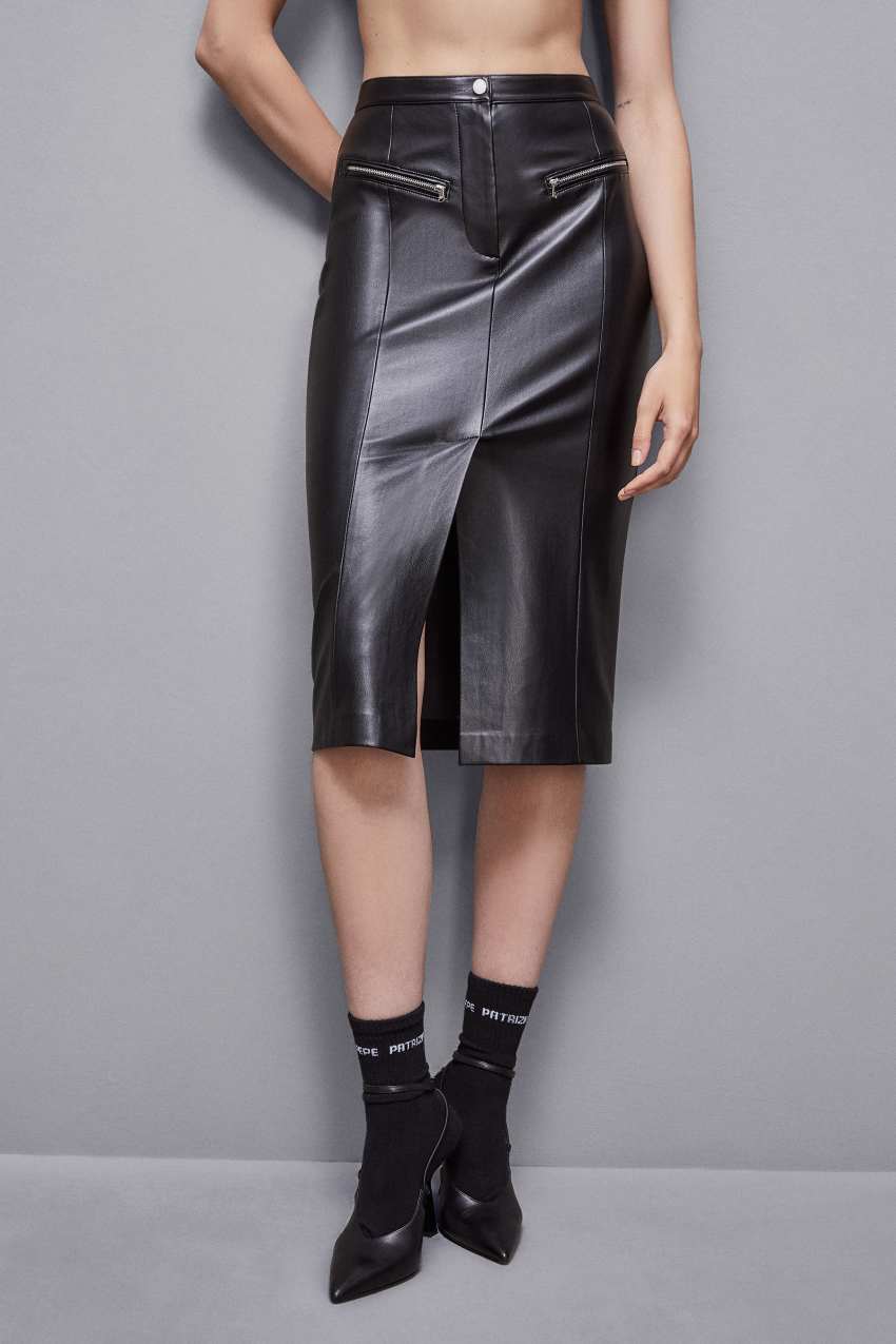 Black Patrizia Pepe High-waisted Midi Skirt In Faux Leather | ZEL092631