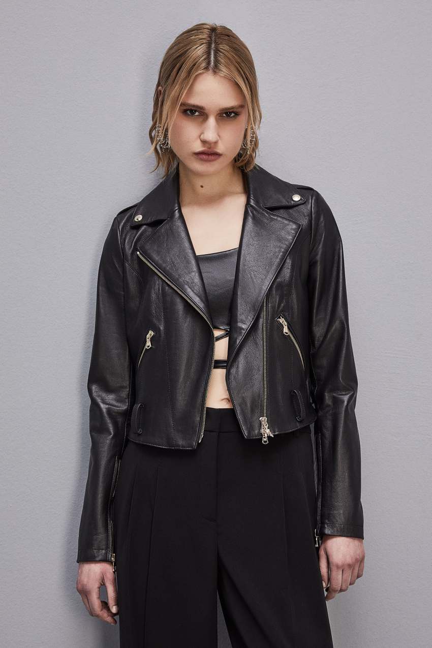 Black Patrizia Pepe Leather Biker Jacket | ECJ256014