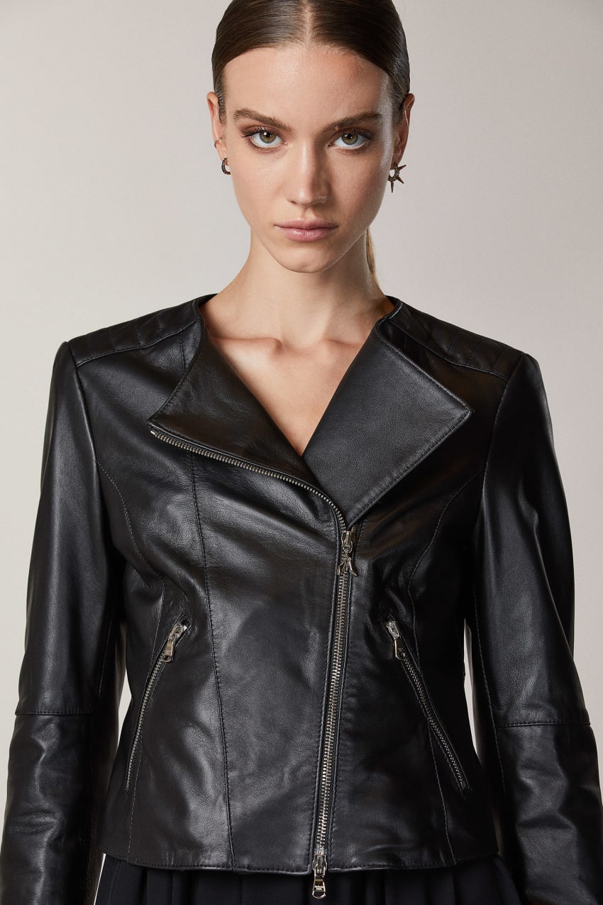 Black Patrizia Pepe Leather Biker Jacket With Top-stitching | OVG579482