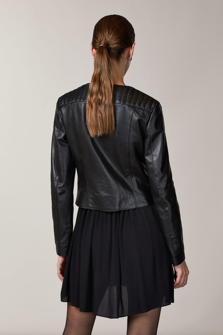 Black Patrizia Pepe Leather Biker Jacket With Top-stitching | OVG579482