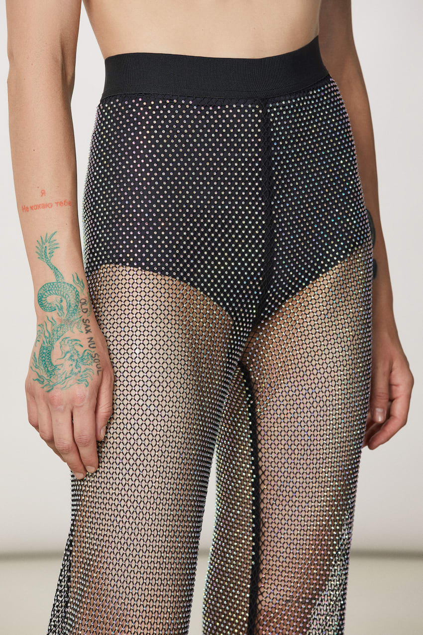 Black Patrizia Pepe Mesh Pants With Rhinestones | SZI405716