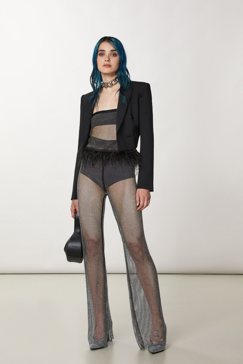 Black Patrizia Pepe Mesh Pants With Rhinestones | SZI405716