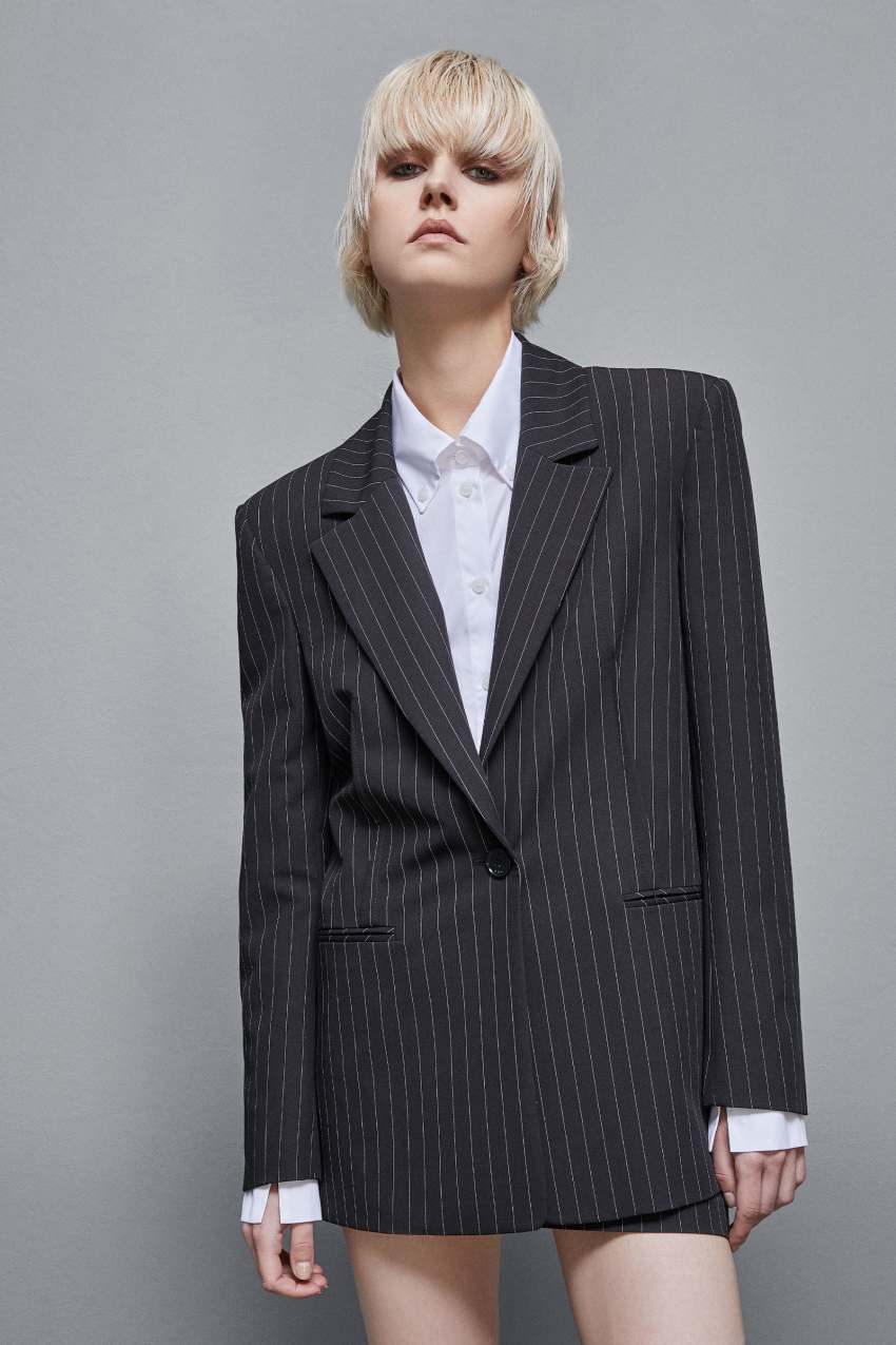 Black Patrizia Pepe Pinstriped One-button Flannel Blazer | SNC298471