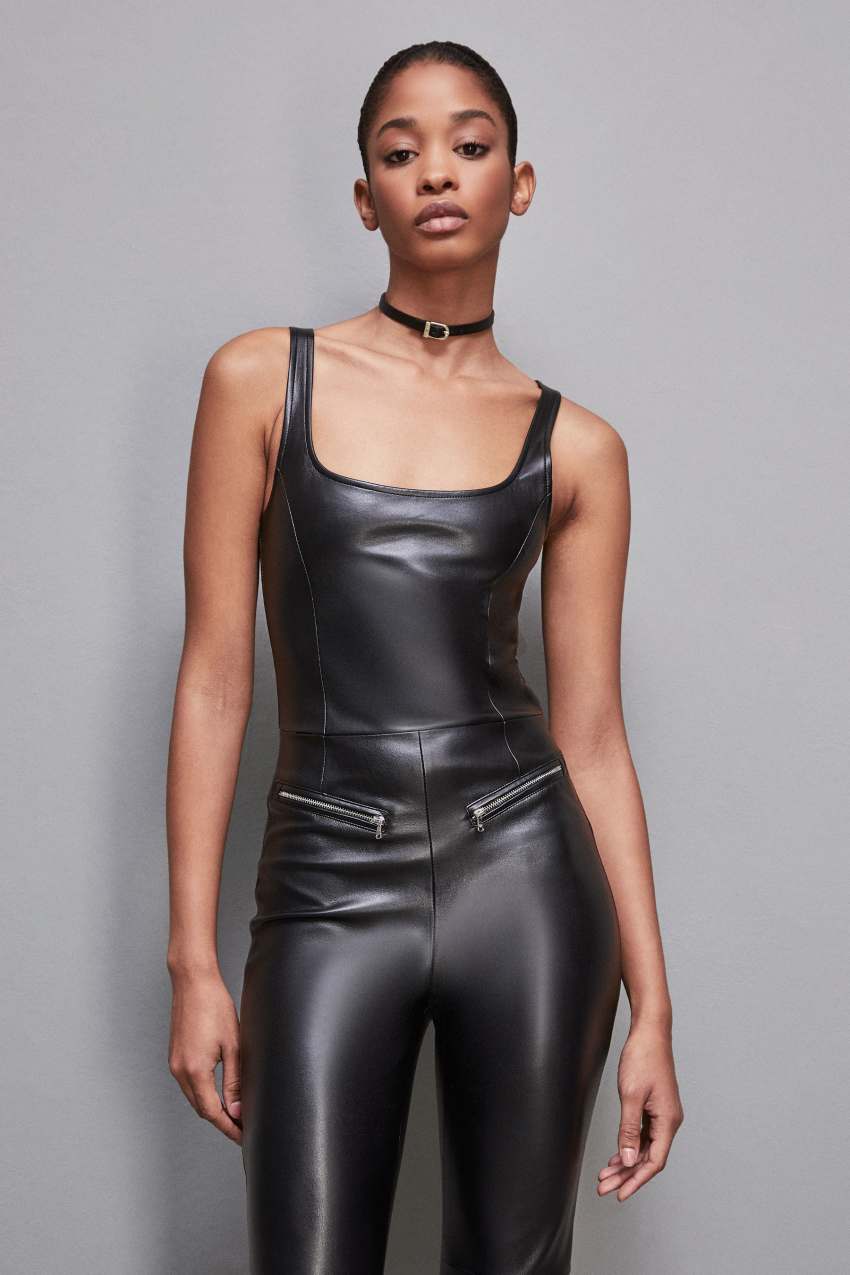 Black Patrizia Pepe Sleeveless Faux Leather Jumpsuit | LJR085673