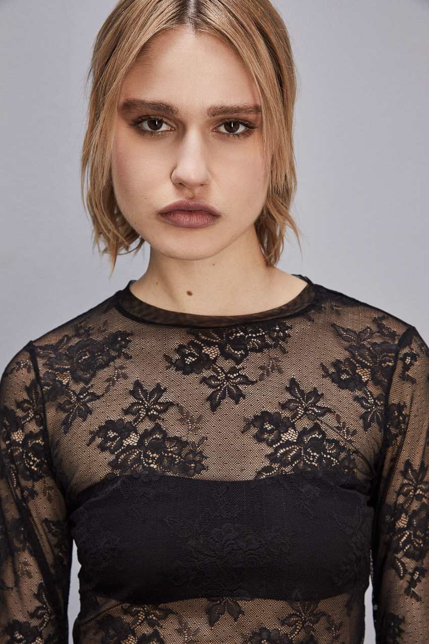 Black Patrizia Pepe Stretch Lace Jersey Top | FUR260538