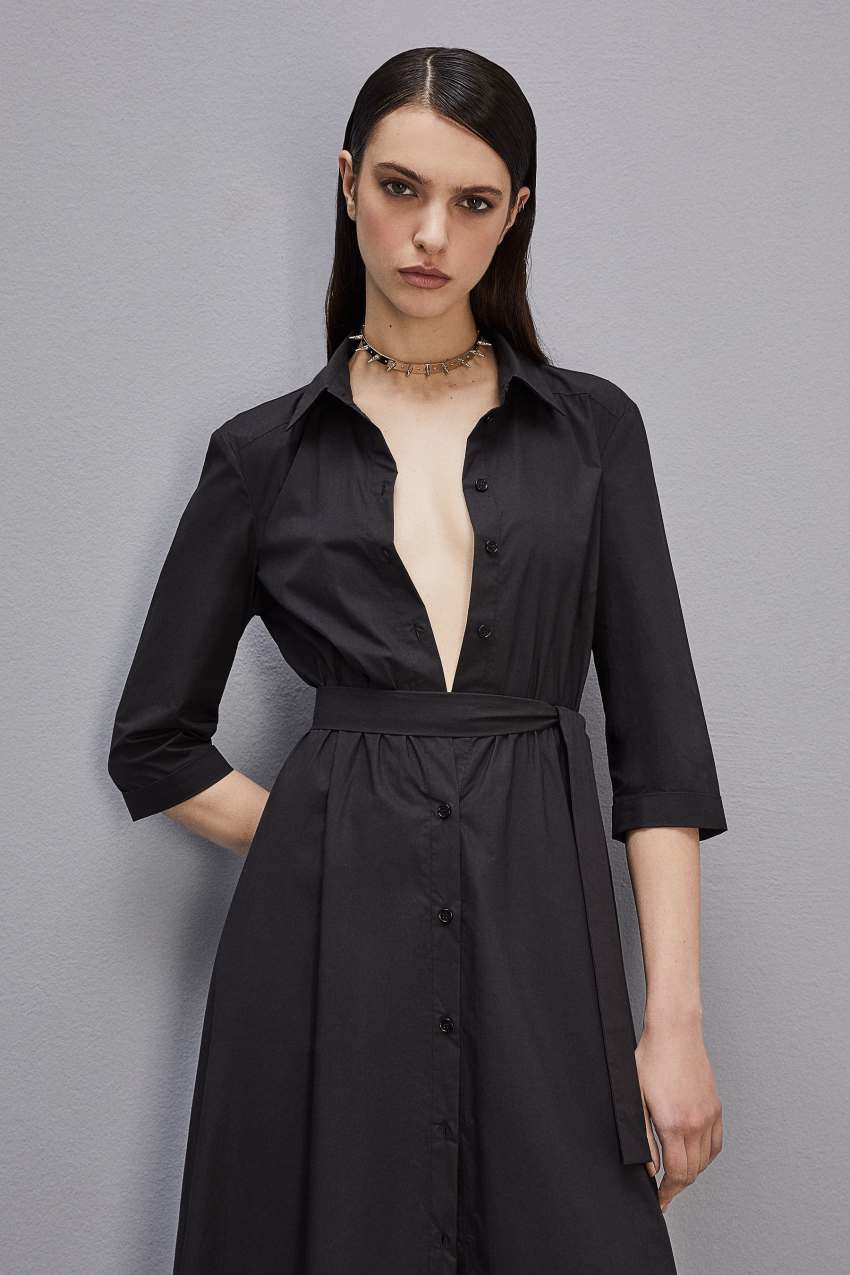 Black Patrizia Pepe Three-quarter Sleeve Cotton Chemisier Dress | BZX354879