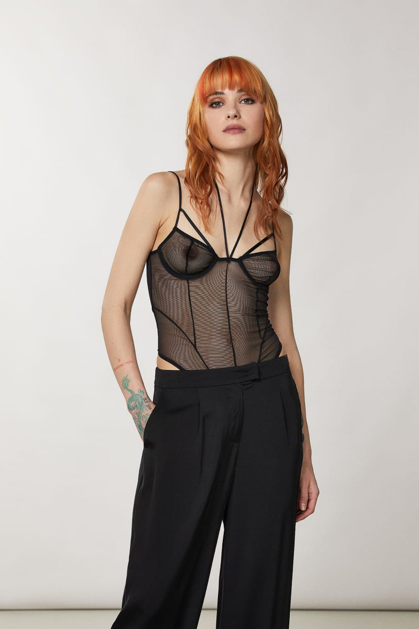 Black Patrizia Pepe Tulle Bodysuit | BAP623190