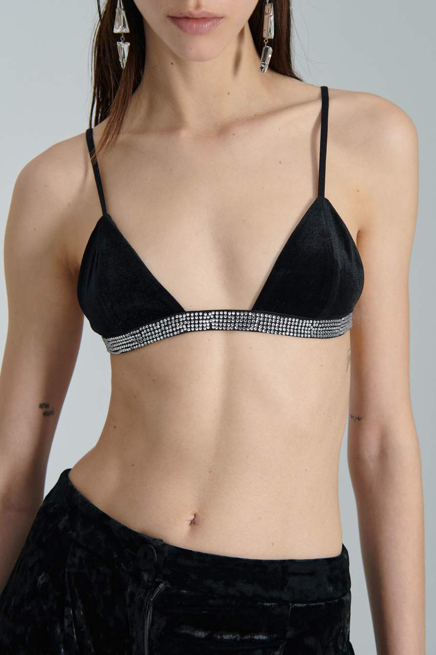 Black Patrizia Pepe Velvet Bra With Rhinestones | QJI890467