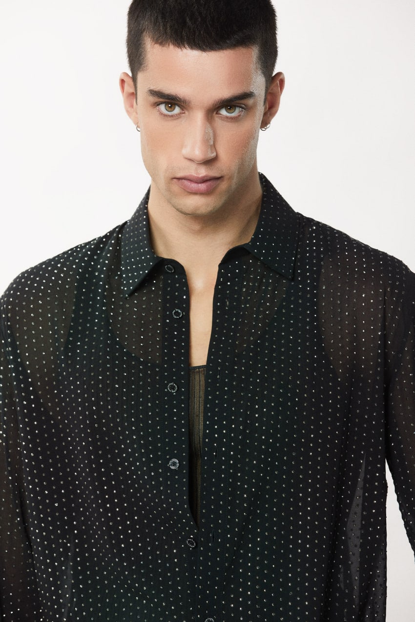 Black Patrizia Pepe Voile Shirt With Rhinestones | JSG835046