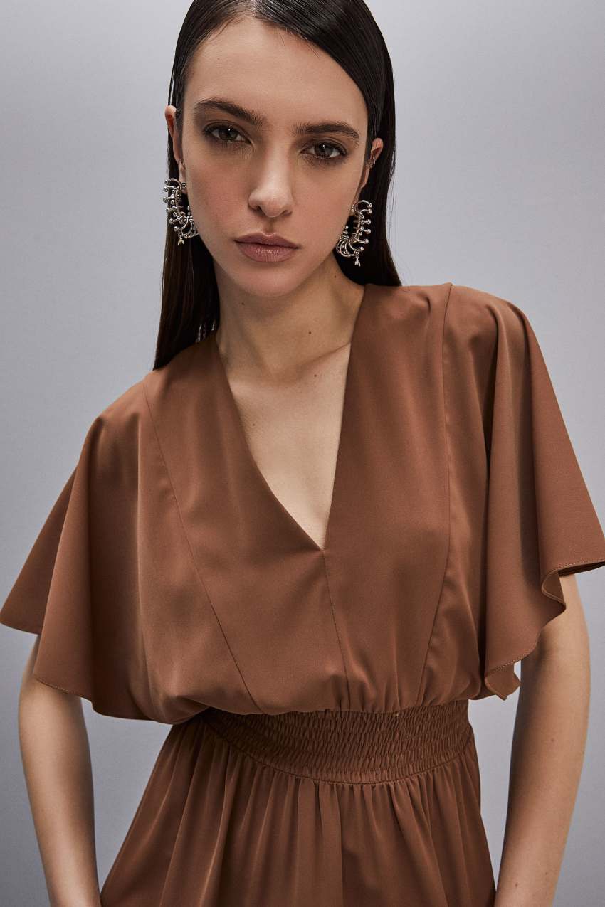 Brown Patrizia Pepe Satin Dress With Smock Stitching | MFG691074