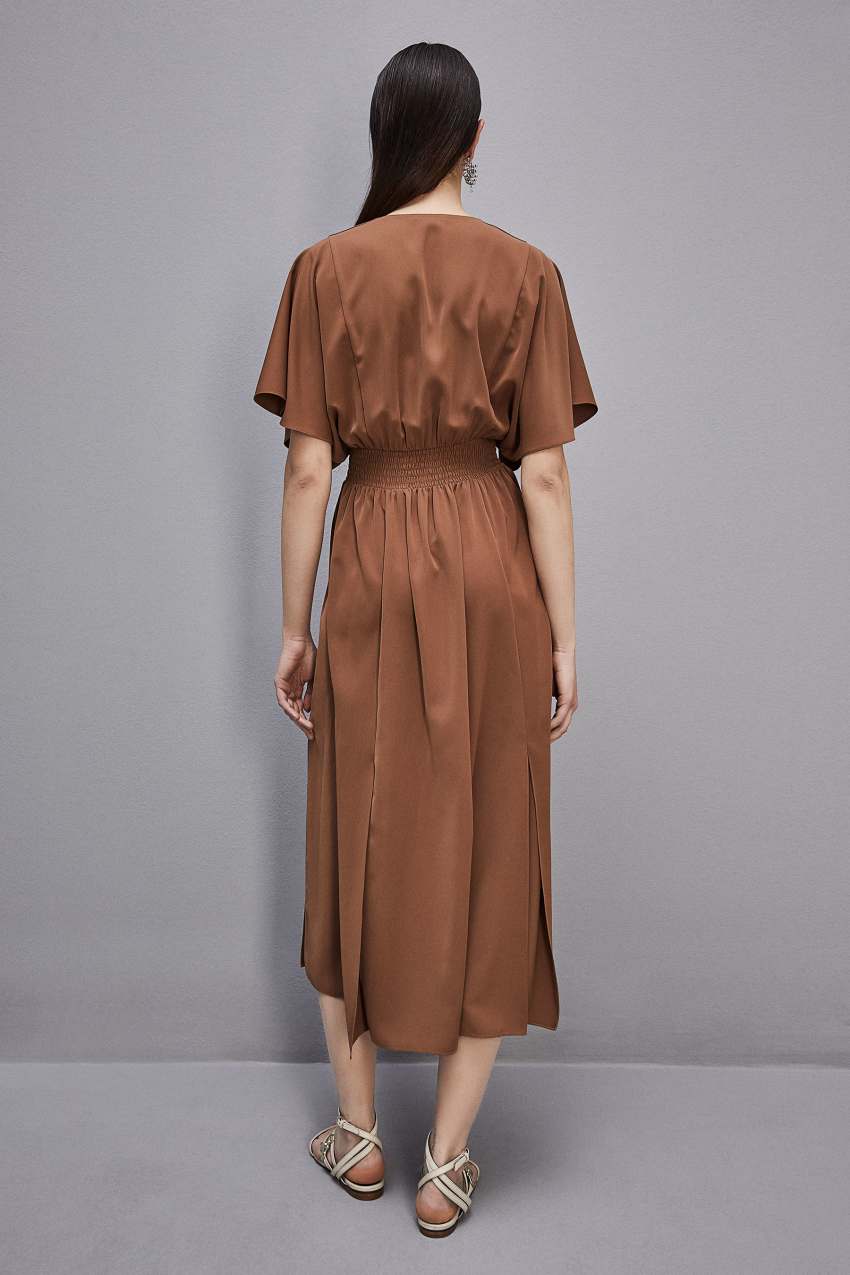 Brown Patrizia Pepe Satin Dress With Smock Stitching | MFG691074