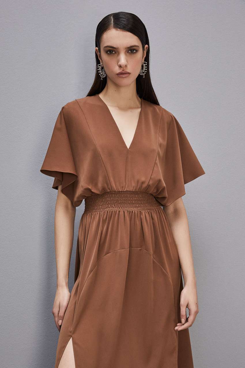 Brown Patrizia Pepe Satin Dress With Smock Stitching | MFG691074