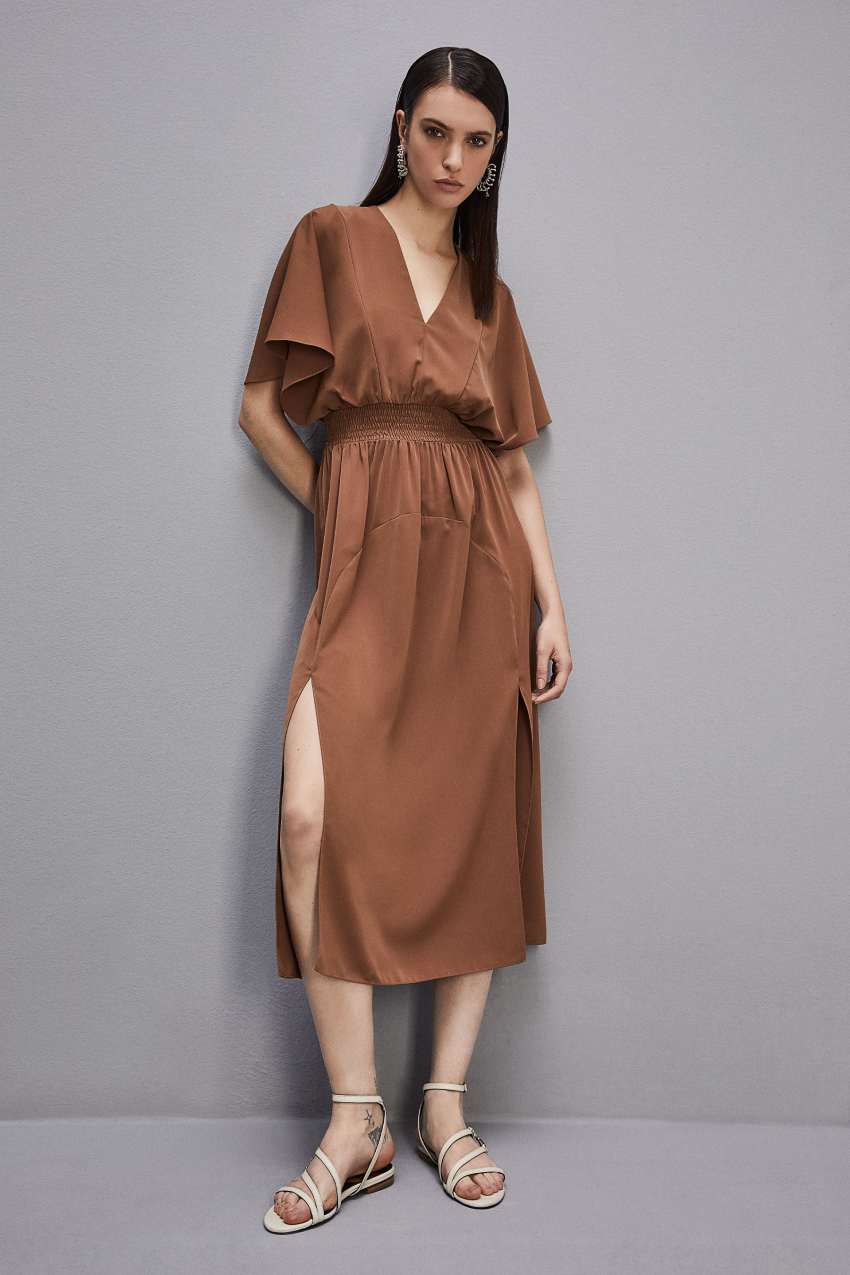 Brown Patrizia Pepe Satin Dress With Smock Stitching | MFG691074