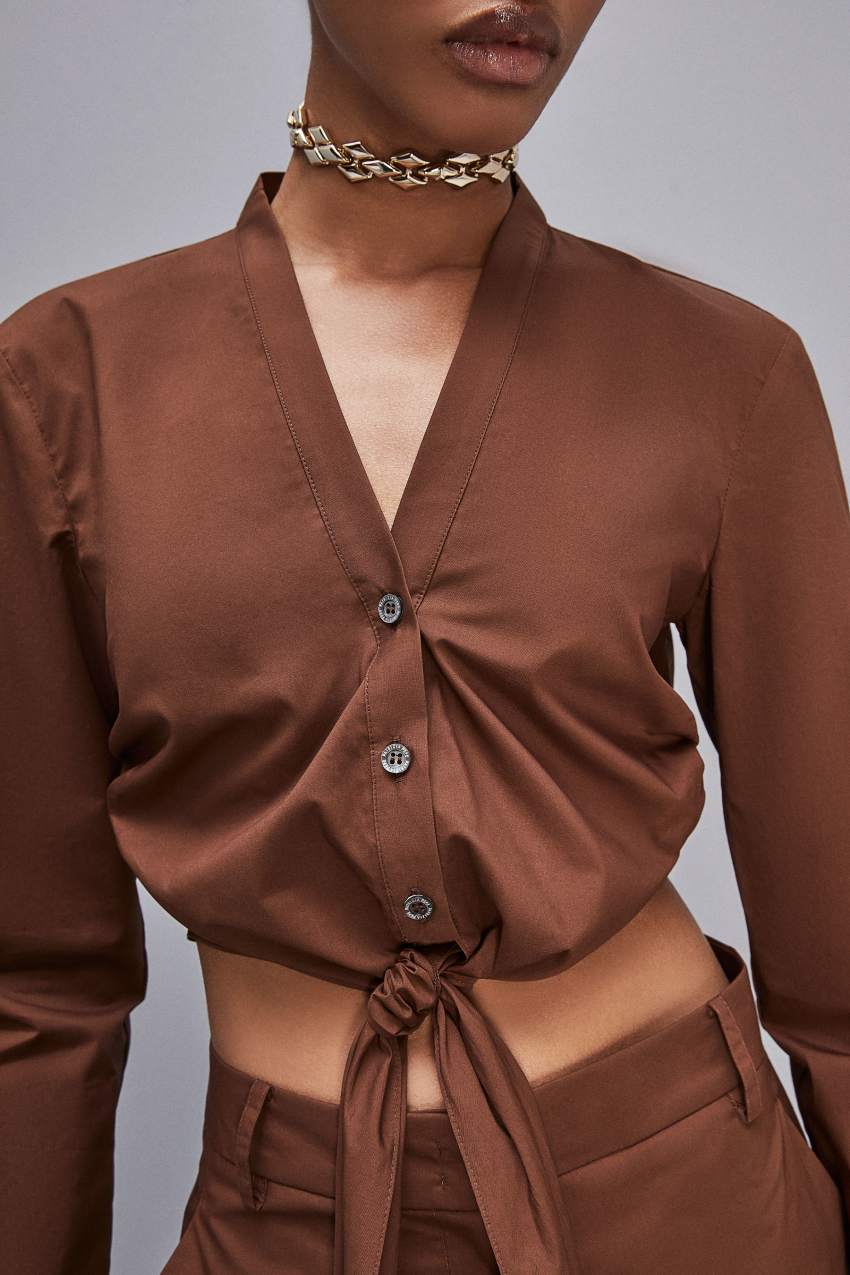 Brown Patrizia Pepe V-neck Shirt With Knot | JGS849702