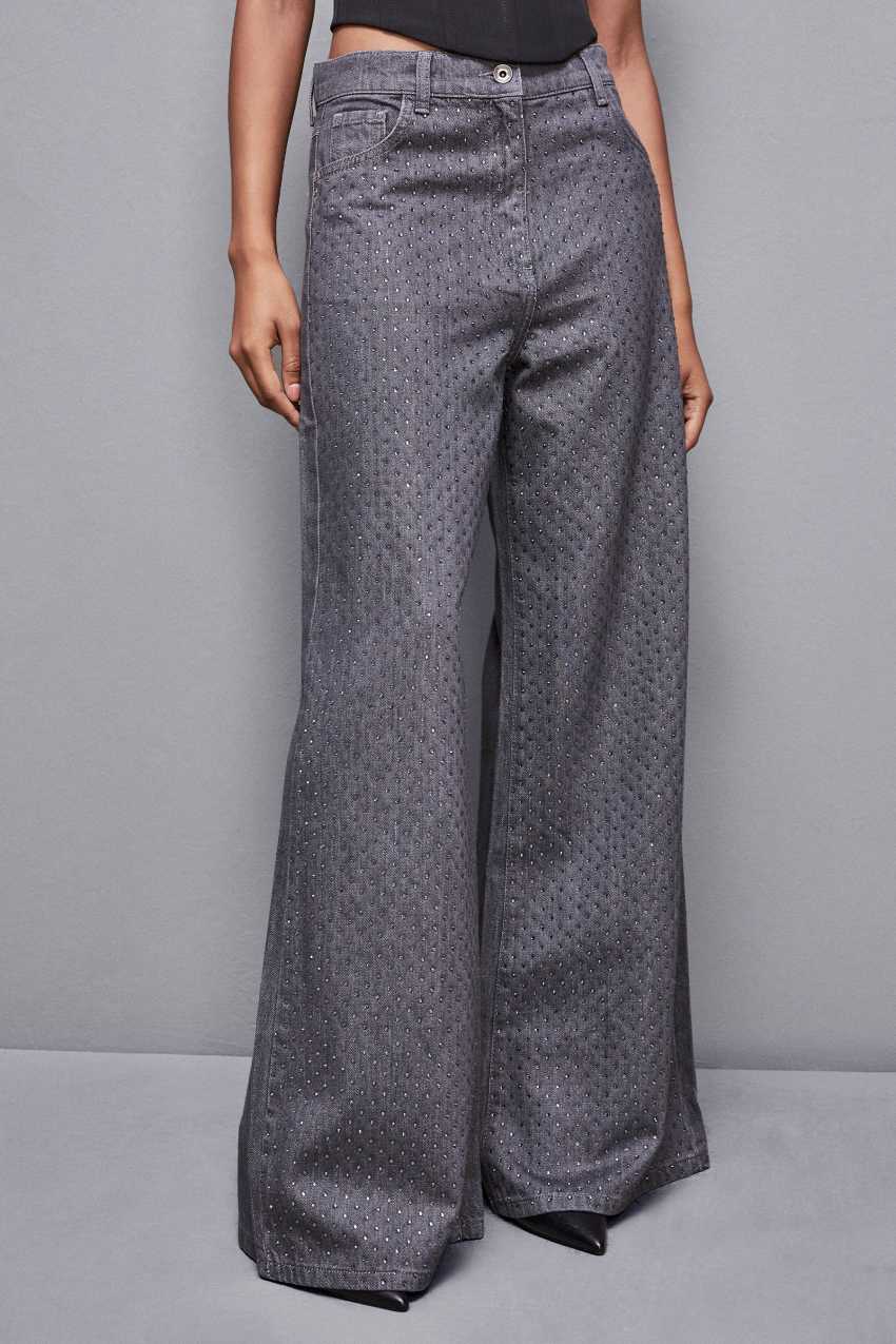 Grey Patrizia Pepe Gray Wide Leg Low-waisted Jeans With Rhinestones | ZET938417