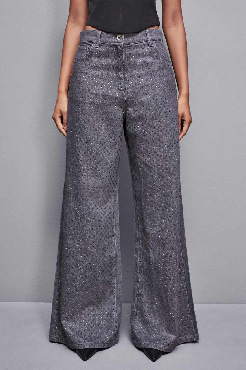 Grey Patrizia Pepe Gray Wide Leg Low-waisted Jeans With Rhinestones | ZET938417