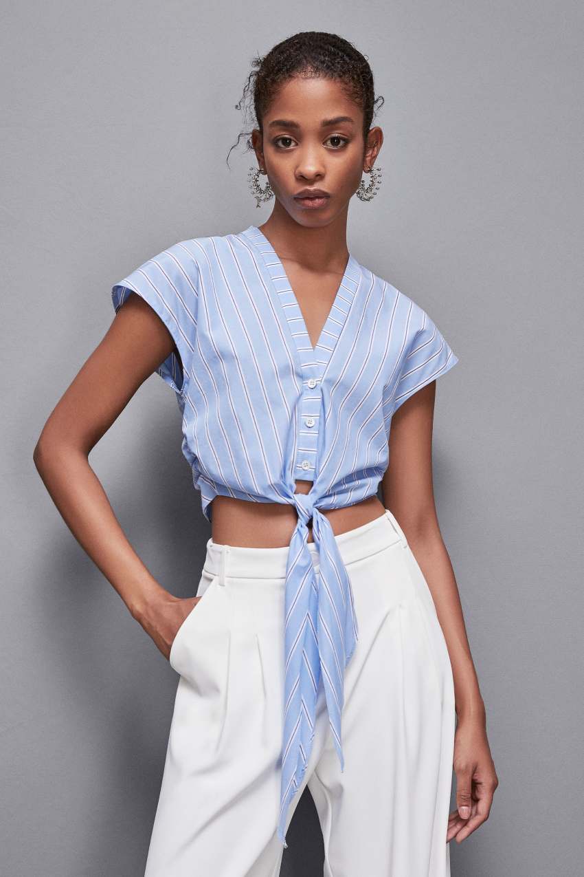 Light Blue Patrizia Pepe V-neck Shirt With Knot | MST625180