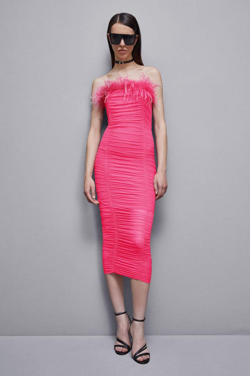 Pink Patrizia Pepe Tulle And Jersey Midi Dress With Feathers | BWG086341