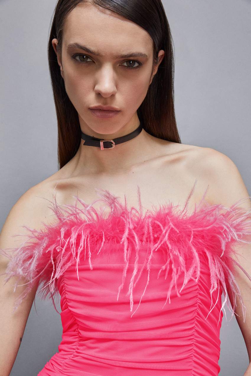 Pink Patrizia Pepe Tulle And Jersey Midi Dress With Feathers | BWG086341