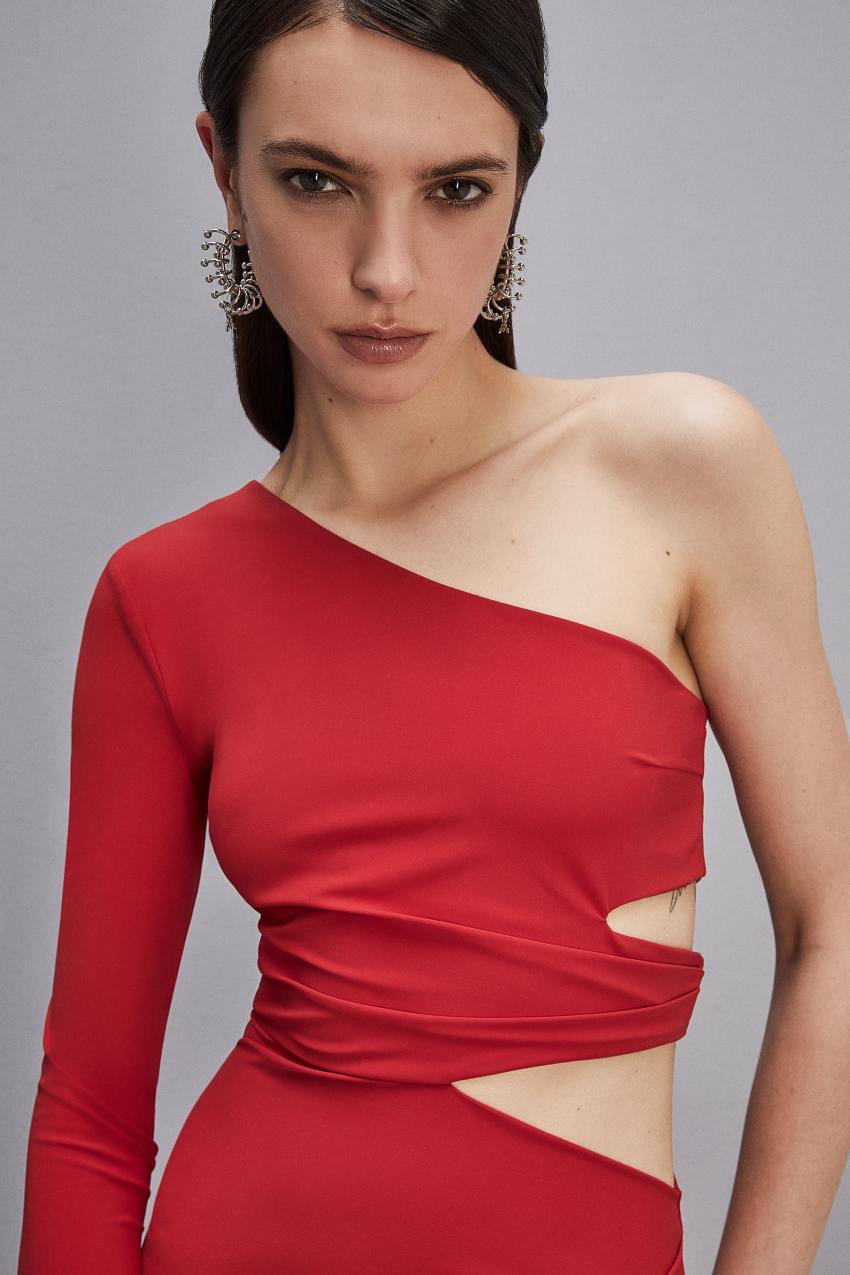 Red Patrizia Pepe One-shoulder Midi Dress | FGO745310