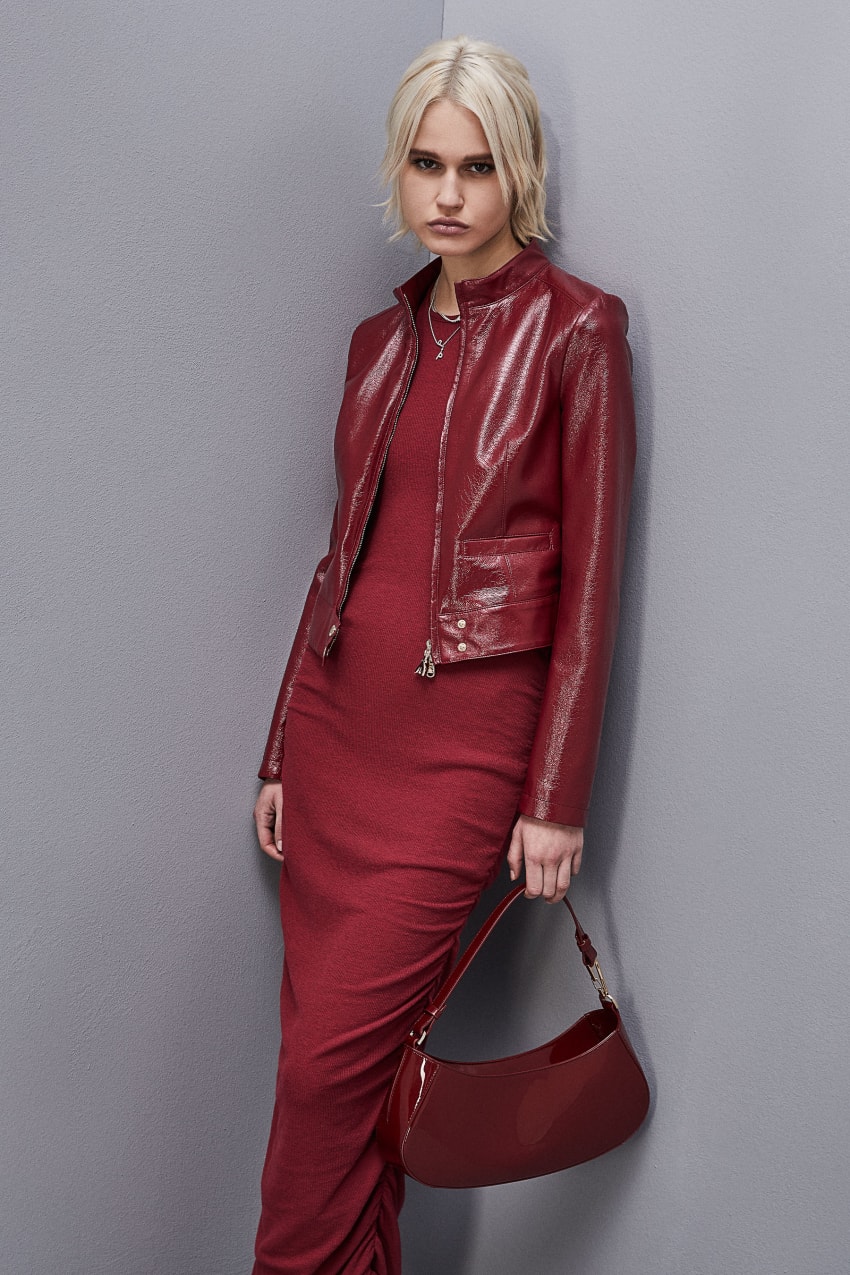 Red Patrizia Pepe Patent Leather Slim Biker Jacket | HEI052931