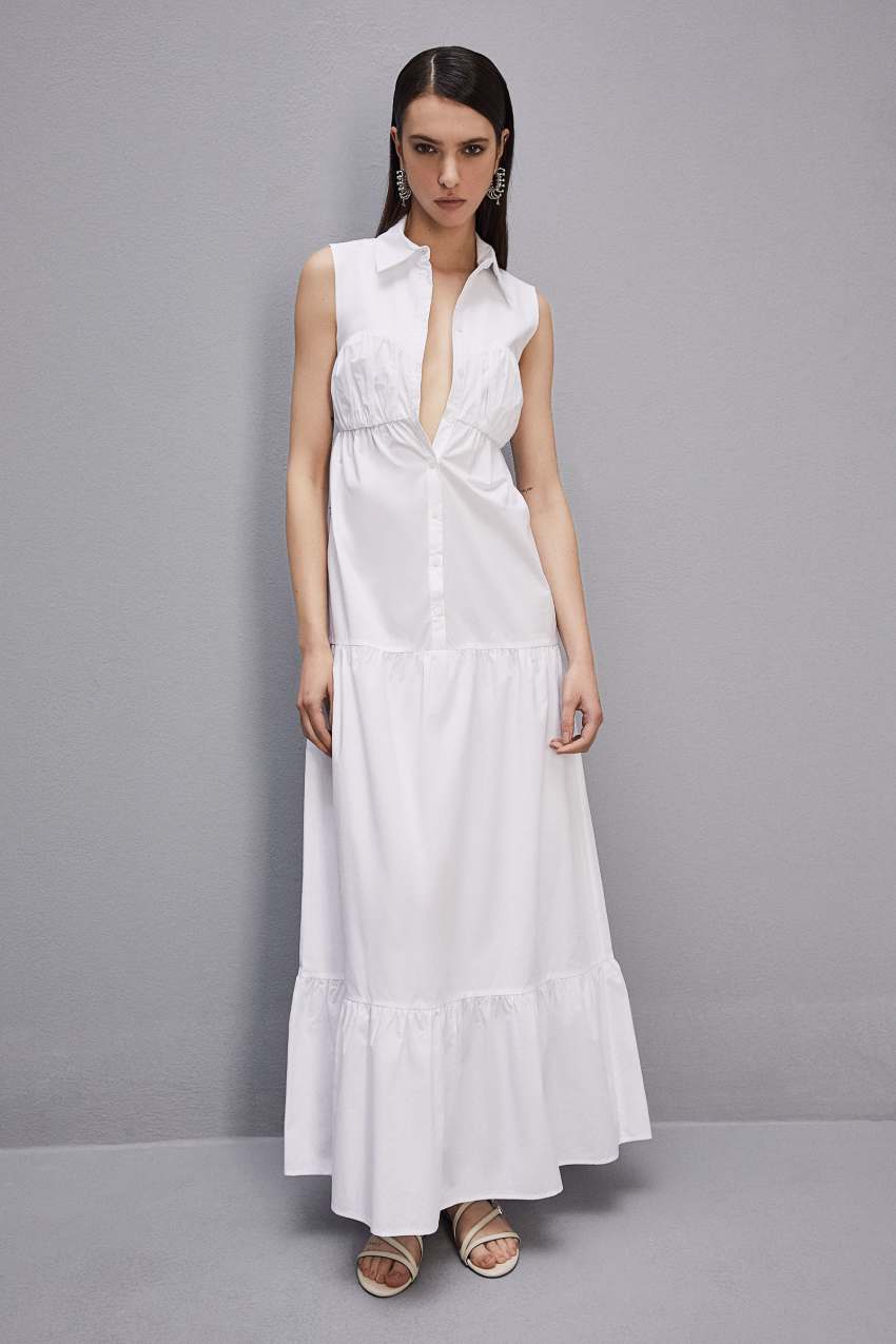 White Patrizia Pepe Cotton Chemisier Long Dress | GCS046593