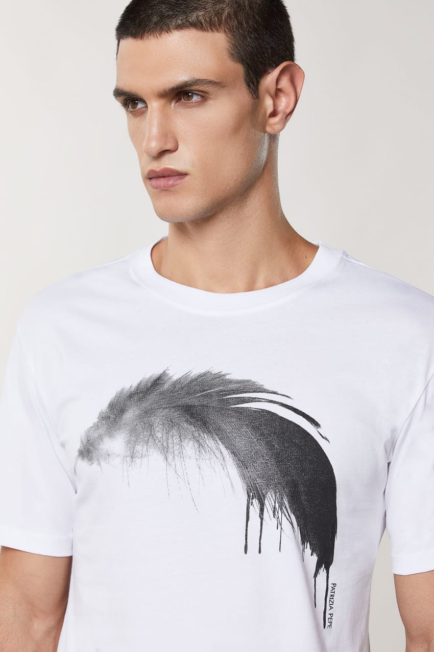 White Patrizia Pepe Cotton T-shirt With Feather Print | GWX051387