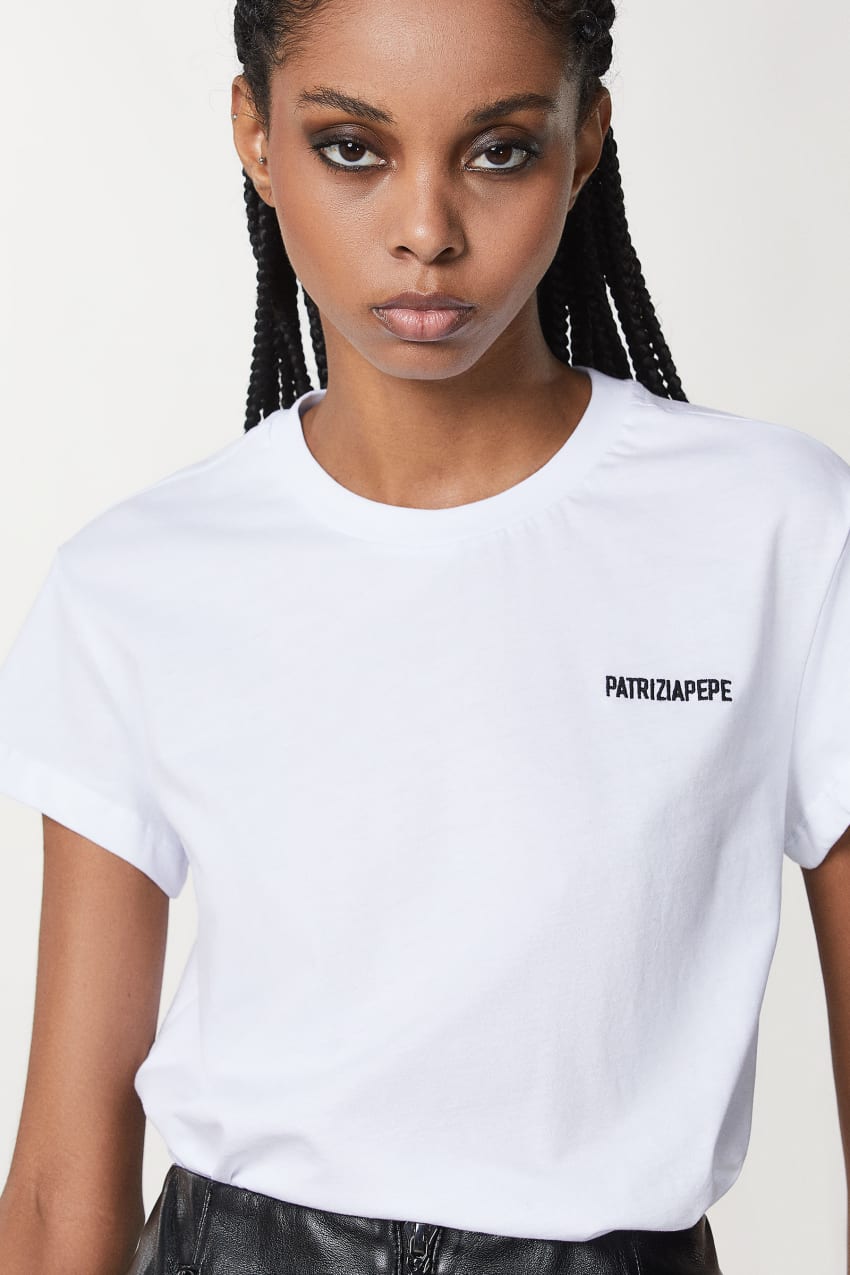 White Patrizia Pepe Short Sleeve Jersey T-shirt | URG032765